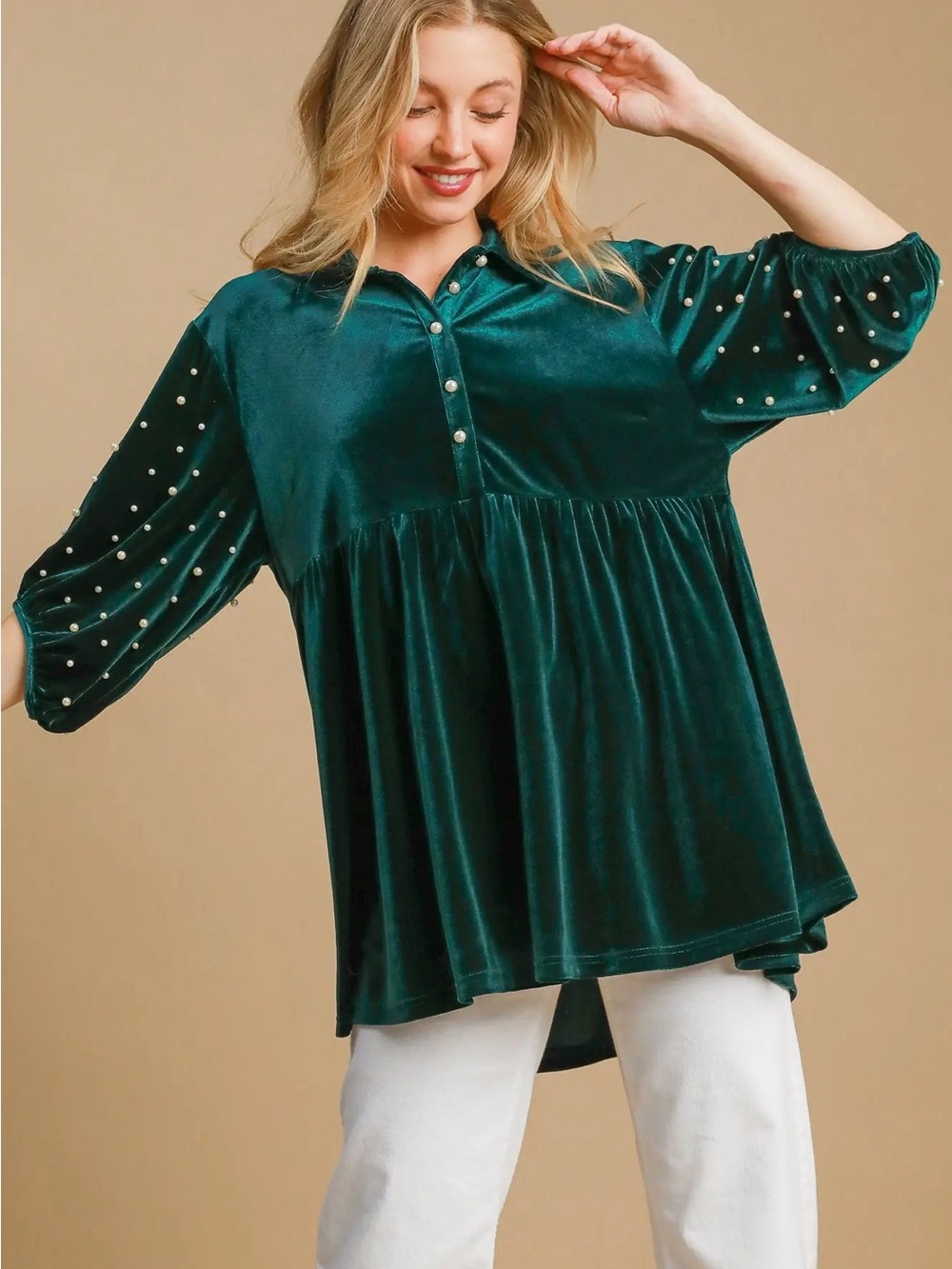 K8929G Velvet Pearl-Embellished Peasant Top - Emerald Green